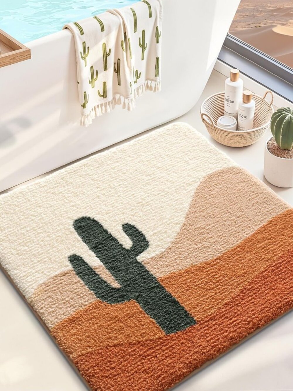 Square Cactus Bathroom Rug 32x32 Soft Absorbent Bath Mat, Non Slip
